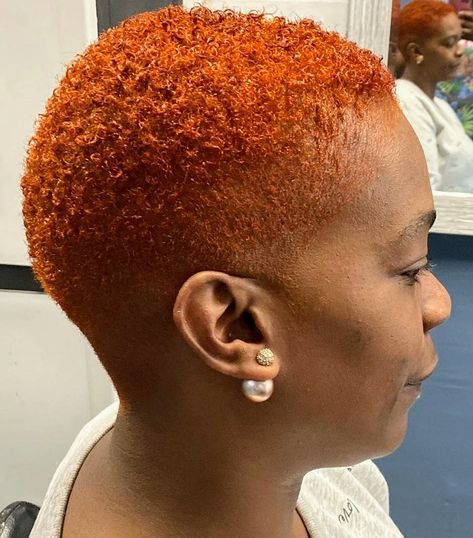 Copper Shaved Hair Black Women, Orange Bald Hair Black Women, Ginger Fade Haircut Black Women, Copper Short Hair On Black Women, Copper Twa Natural Hair, Red Twa Natural Hair, Short Copper Hair On Black Women, Ginger Short Hair Black Women, Ginger Haircuts