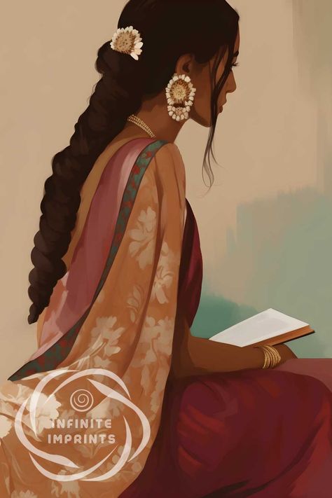 Indian Woman Art, Reading Book Art, Woman In Saree, Pakistani Art, Desi Art, Acrylic Portrait Painting, South Asian Art, Art Indian, Art Brown