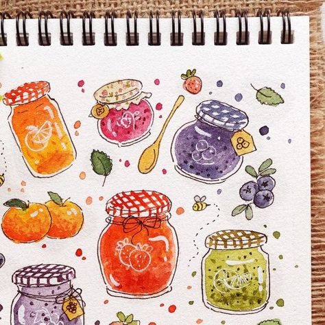 Nianiani on Instagram: "Colourful doodle of jars of jam. Wasn't the original intention to make it this colourful but not mad at the result either 🍓🍒🍑🍊🥝🍇
Tutorial now up on my yt channel: nianiani
Downloadable outline is available for purchase in my ko-fi shop, you can find the link in the description box of my yt video
Enjoy!
.
.
.
.
.

#watercolor #watercolour #watercolorpainting #watercolorart #watercolortribe #worldofartists #instaart #watercolor_daily #watercolortutorial #watercolorfood #worldwatercolorgroup #worldofart #watercolor_art #watercolor_art #watercolor_gallery #watercolordoodle #doodleart #watercolorfoodart" Still Life Water Colour Painting Simple, Food Art Journal, Cute Jar Painting, Jam Jar Aesthetic, Watering Can Watercolor, Food Illustration Art Watercolour, Nianiani Watercolor, Jar Art Drawing, Jam Jar Drawing