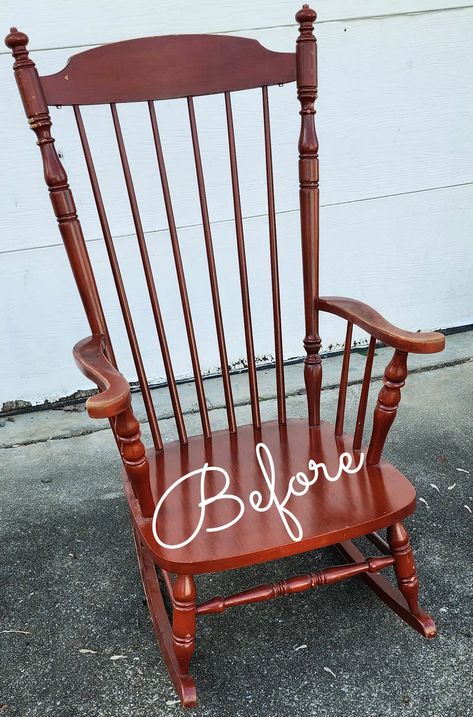 Refurbished Rocking Chair Wood, Repurposed Rocking Chair, Wooden Rocking Chair Makeover, Painted Rocking Chair Ideas, Teacher Rocking Chairs, Farmhouse Rocking Chairs, Rocking Chair Redo, Vintage Chairs Makeover, Rocking Chair Makeover