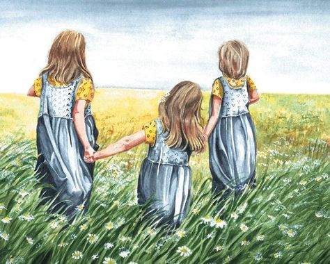 Amazing Watercolor Paintings, Sisters Drawing, Sisters Art, Love My Sister, 3 Sisters, Three Sisters, Beach Kids, Childrens Art, Acrylic Painting Canvas