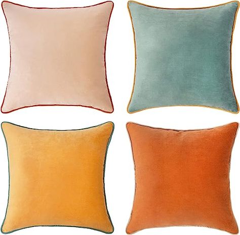 Set of 4 Soft Velvet Modern Double-Sided Designs, Mix and Match for Home Decor, Pillow Inserts Not Included (18x18 inch, Orange/Teal) Beach Dinner Party, Orange Bedroom Decor, Living Room Mockup, Playing Room, Orange Bedroom, Beach Dinner, Velvet Set, Rest Day, Orange Velvet