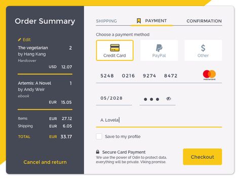 Daily UI 002/100 - Credit Card Checkout designed by Celeste North⚡️. Connect with them on Dribbble; the global community for designers and creative professionals. Credit Card Website, Pos Design, Card Ui, Credit Card App, Graphisches Design, Ui Design Website, Daily Ui, Web Ui Design, Dashboard Design