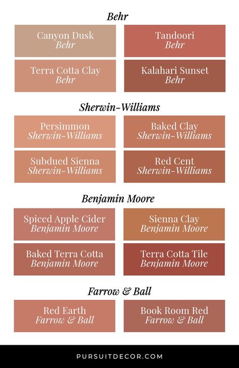 Bedroom Paint Colors Terracotta, Peachy Brown Paint Color, Earth Tone Painted Furniture, Behr Clay Paint Color, Earth Toned Paint Colors, Soft Terracotta Paint, Terracotta Behr Paint, Benjamin Moore Terracotta Paint Colors, Terracotta Sherwin Williams