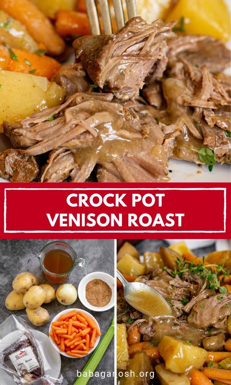 Slow Cooker Venison Pot Roast is the BEST easy slow cooker dinner. Just 15 minutes of prep and the slow cooker does all the work. You get delicious, tender shredded venison with a great flavor and a nice bite. The venison gravy is so good poured over the shredded venison and potatoes. This is a complete dinner, kid-friendly and a favorite with everyone. Feeds a crowd. Gluten-free. Dear Roast Recipes Crock Pot, Elk Roast Crock Pot, Crock Pot Venison, Roast Venison Recipes, Deer Roast, Roast Crockpot, Slow Cooker Venison, Venison Roast, Roast Vegetables