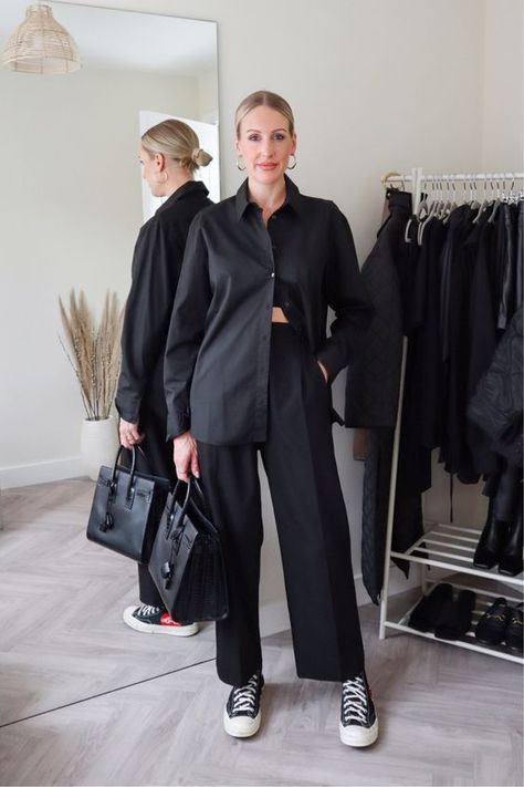 Black Wide Leg Pants Outfit Converse, Black Shirt Outfit Inspo Women, Black Shirt Aesthetic Outfit, Black Top And Black Pants Outfit, Black Trousers Converse Outfit, Oversized Black Satin Shirt Outfit, All Black Oversized Outfit, All Black Trousers Outfit, Black Button Up Shirt Outfit Women Work