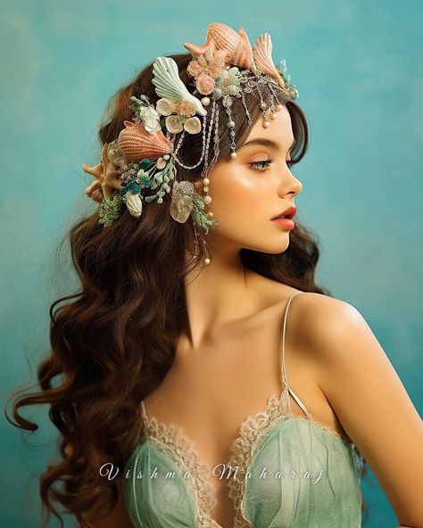 Mermaid Hair Styling, Under The Sea Hairstyles, Mermaid Costume Hair, Siren Headdress, Water Element Costume, Water Nymph Character Design, Mermaid Hair Aesthetic, Ocean Costume, Vishma Maharaj