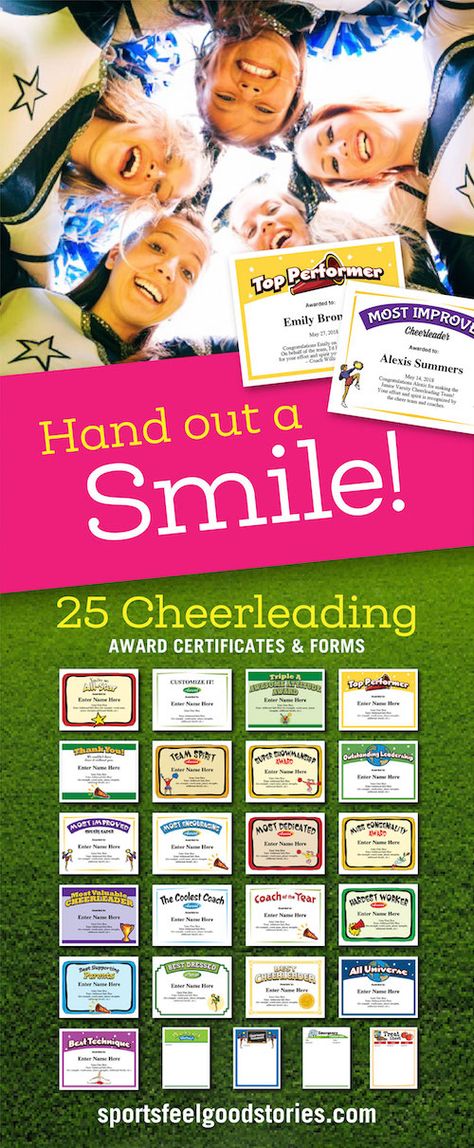 Cheerleading Award Certificate Templates. Just personalize, print and present. Hand out a SMILE! Cheerleading Awards Certificates, Cheer Certificates Templates, Cheer Awards Certificates, Cheer Certificates, Cheerleading Banquet, Funny Cheer Quotes, Cheerleading Awards, Cheer Awards, Funny Cheerleader