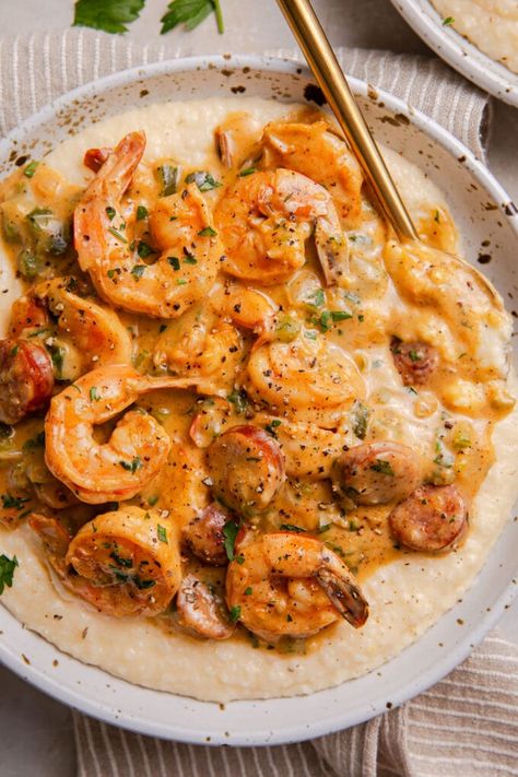 Creamy Lowcountry Shrimp and Grits Shrimp And Grits Sausage, Shrimp And Grits Recipe With Sausage, Pioneer Woman Shrimp And Grits, Shrimp Sausage Grits, Shrimp And Grits With Corn, Crab And Grits Recipe, Shrimp Snd Grits Recipe, Shrimp And Grits Cream Sauce, Shrimp And Grits With Sausage