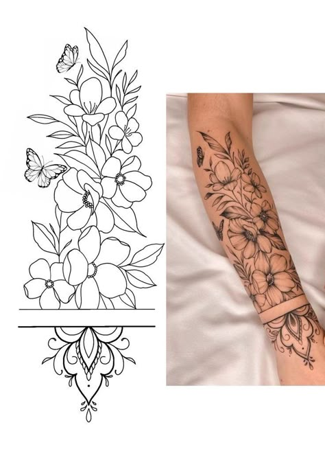 Tattoo Brazo Mujer, Flower Mandala Tattoo, Mandala Arm Tattoos, Floral Arm Tattoo, Half Sleeve Tattoos Forearm, Cuff Tattoo, Mommy Tattoos, Wicked Tattoos, Flower Tattoo Shoulder