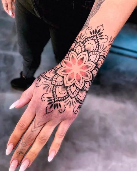 57 Soul-inspiring Mandala Tattoos with Meaning - Our Mindful Life Wrist Hand Tattoo, Mandala Thigh Tattoo, Mandala Tattoos For Women, Mandala Wrist Tattoo, Herren Hand Tattoos, Bracelet Tattoos, Wrist Bracelet Tattoo, Mandala Hand Tattoos, Our Mindful Life