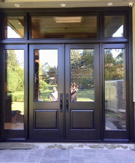 Double Front Entry Doors With Sidelights, Portugal Homes, Wood Front Entry Doors, Double Front Entry Doors, Entry Door With Sidelights, Double Door Entryway, Toronto Architecture, Double Door Entrance, Double Doors Exterior