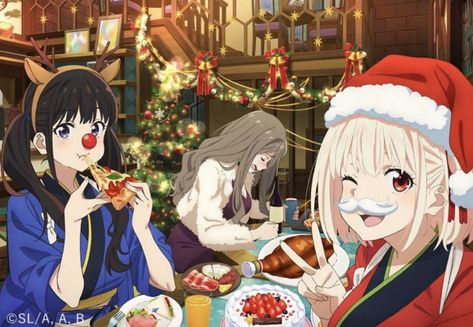 Lycoris Recoil Official Art, Xmas Pfp, Anime Cafe, Christmas Anime, Anime Party, Anime Kimono, Lycoris Recoil, Anime Christmas, Flowers Photography Wallpaper