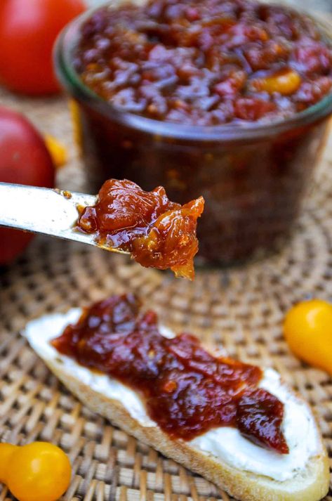 Tomato Jam - California Grown San Marzano Tomatoes Recipes Fresh, Tomato Bacon Jam Recipes, Tomato Jam Recipe, Savory Jam, Preserving Recipes, Tomato Jam, Jam And Jelly, Eating Tips, Fruit Jam