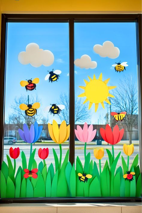 How about a spring display that’s buzzing with life? I adore the idea of combining bright flowers with cheerful bees to bring a vibrant touch to classroom windows. You can mix big and small flowers for variety and let the bees fly around for a lively vibe. Why not double the charm with this creative spring idea? Spring Window Display Ideas, Classroom Windows, Spring Window Display, Classroom Window, Spring Display, Flowers And Bees, Window Display Ideas, Spring Window, Being A Teacher