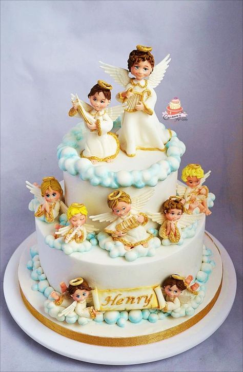 The song of the angels by Carmen Iordache Angel Cake Design, Angle Cake, Cake 1st Birthday, Happy Birthday Angel, Mickey Mouse Birthday Cake, Only Angel, Angel Theme, Christening Cakes, Birthday Angel