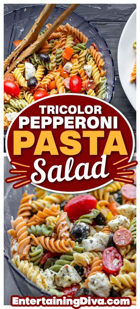 Tricolor Pepperoni Pasta Salad | Recipes Italian Pasta Salad With Pepperoni, Color Pasta Salad, Pasta Salad With Pepperoni, Salad With Pepperoni, Pepperoni Pasta Salad, Tri Color Pasta Salad, Pepperoni Pasta, Dinner Picnic, Cookout Recipes