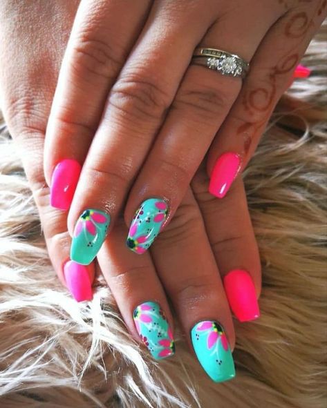 Ombre Turquoise Nails, Hot Pink And Turquoise Nails, Bright Spring Nail Designs, Pink Turquoise Nails, Fabulous Nails Summer, Pink And Turquoise Nails, Bright Spring Nails, Turquoise Nail Designs, Watermelon Nail Art