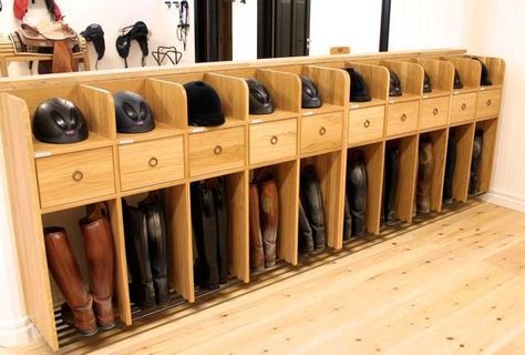 The epitome of equestrian organization. 🐴 #equestrian #horses #equestrianlifestyle #helmets #boots #showjumping #stablestyle #tackroom Stable Ideas Tack Room, Horse Stable Ideas, Tack Room Ideas, Stable Storage, Dream Barn Stables, Tack Room Organization, Horse Tack Rooms, Equestrian Stables, Equestrian Barns