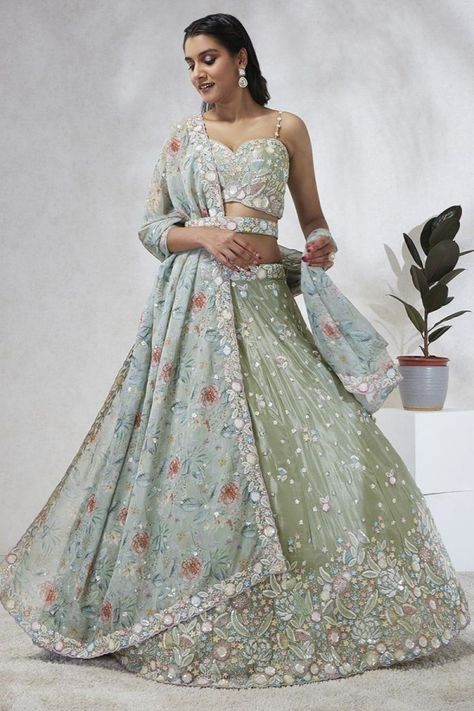 Pastel Green Silk Chiffon Embroidered Designer Lehenga Set Green Ghagra, Chiffon Lehenga, Embroidery Lehenga, Heavy Lehenga, Lehenga Dupatta, Designer Lehenga, Organza Dupatta, Green Sequins, Thread Embroidery