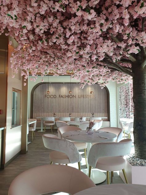 Tea Room Decor, Cherry Blossom Decor, Restaurant Design Inspiration, Tree Interior, Cherry Blossom Wall Art, Bakery Design Interior, Bakery Decor, Cafe Shop Design, Luxury Restaurant