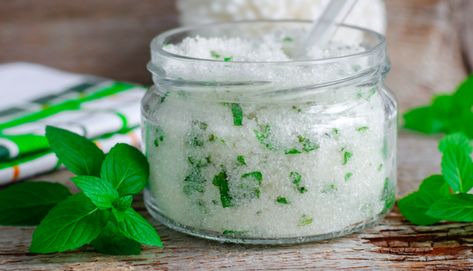 Who doesn't love a scrub! Learn how to make your own with our 5 DIY Home Foot Scrub recipes below! #Toronto #footcare #skincaretips #homespa Peppermint Foot Scrub, Peppermint Tea Benefits, Easy Sugar Scrub, Mint Garden, Infused Sugar, Scrub Corpo, Sugar Scrub Recipe, Diy Body Scrub, Sugar Scrub Diy