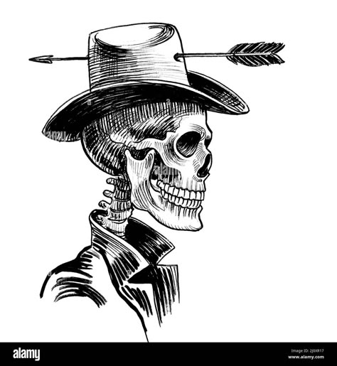 Black And White Cowboy Art, Western Skeleton Art, Skull And Arrow Tattoo, Skeleton Cowboy Drawing, Cowboy Dog Drawing, Dead Cowboy Tattoo, Skeleton With Cowboy Hat Tattoo, Skeleton With Cowboy Hat, Western Skeleton Tattoo