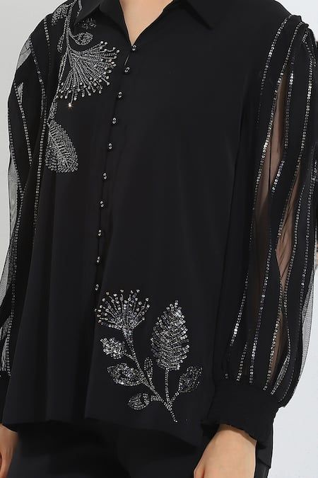 Buy Black Crepe Blend Embellished Sequin Shirt Collar Siena For Women by RANNA GILL Online at Aza Fashions. Coordinated Sets, Shirts Embroidery, Abaya Fashion Dubai, Corner Wardrobe, Illustration Collage, Fashion Illustration Collage, Embellished Shirt, Cord Set, Designer Kurtis