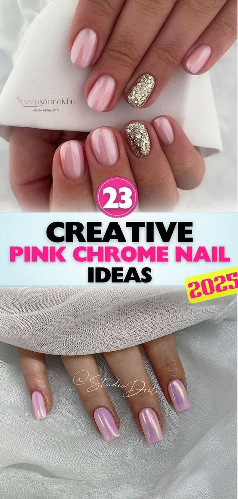 Chrome Pink And White Nails, Pink Chrome Glitter Nails, Nail Chrome Colors, Pink Chrome Wedding Nails, Diy Chrome Nails At Home, Milky Pink Chrome Nails, Chrome Nails Designs Winter, Pink Metallic Nail Designs, Rose Gold Chrome Nails Designs