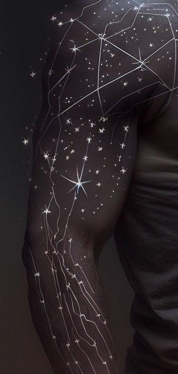 Cosmic Arm Tattoo, Full Body Lightning Tattoo, Uv Ink Tattoo Men, Black Stars Tattoo, Star Dragon Tattoo, Star Tattoos Sleeve, Sky Map Tattoo, Star Seed Art, Galaxy Tattoo Back