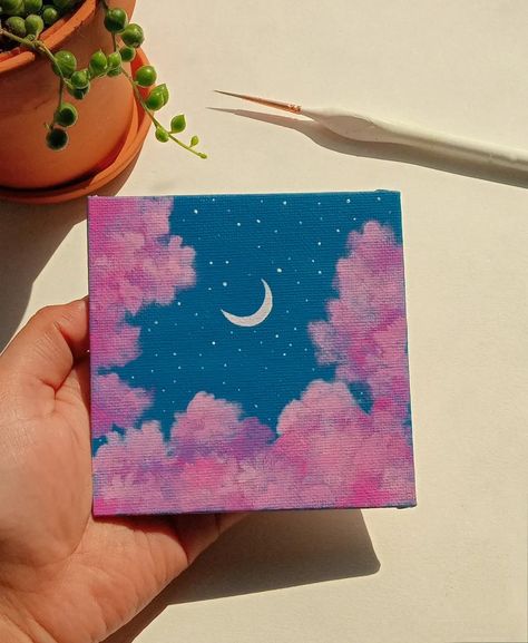 Mini Cloud Painting, Tiny Canvas Art Aesthetic, Mini Canvas Drawings Aesthetic, Acrylic Painting On Square Canvas, Small Square Painting Ideas, Cloud Painting Aesthetic, Mini Canvas Art Aesthetic Cute, Mini Canvas Paintings Aesthetic, Aesthetic Scenery Painting