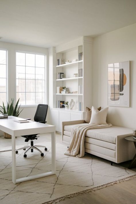 13 Home Office with Daybed Layout Designs for a Relaxing Work Environment - My Decor Inspo Minimalist Guest Room Office, Ikea Daybed Office, Sunroom Guest Room Combo, Gym Guest Room Combo, Guestroom Home Office Combo, Daybed In Office Room Ideas, Daybed Layout, Office Bedroom Combo Ideas Small Spaces, Home Office With Daybed Layout