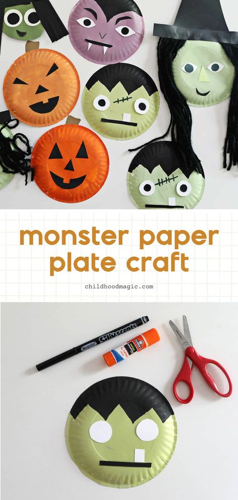 Monster Paper Plate Craft (Easy Halloween Project!) - Monster Paper Plate Craft, Paper Plate Art, Spooky Crafts, Paper Plate Craft, Halloween Art Projects, Halloween Crafts Preschool, Halloween Plates, Mascaras Halloween, Paper Plate Crafts For Kids