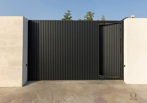 Minimal Gate Entrance, Driveway Gate Design Modern, Front Gates Driveway, Cool Home Designs, Black Garden Wall, Concrete Fence Design, Contemporary Gate Design Modern, Modern Gated Driveway Entrance, Minimalist Gate Design Modern