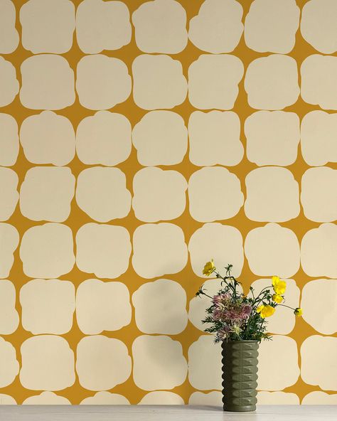 "Blot" in colorway 'Egg' is a geometric wallpaper designed by Flat Vernacular. Designed to accentuate the painted aspect of each shape, the organic shapes of Blot come together to form a perfectly imperfect grid. 'Egg' is printed with creamy white and yellow ochre low VOC Greenguard inks, and is available as both tradi Egg Wallpaper, Geometric Wallpaper Design, Hydrangea Wallpaper, Landscaping With Roses, Peach Wallpaper, Feature Wallpaper, Velvet Wallpaper, Stone Wallpaper, Cream Wallpaper