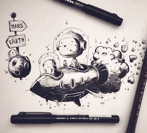 Ink Pen Art, Space Drawings, Pen Art Drawings, Space Cowboy, Sat Nav, Doodle Art Designs, Ink Illustrations, Illustration Inspiration, Book Art Drawings