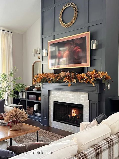 Grey Blue Fireplace, Dark Blue Fireplace Wall, Burgundy Fireplace, Navy Blue Fireplace, Dark Blue Fireplace, Teal Fireplace, Fall Family Room Decor, Dark Fireplace, Blue Fireplace