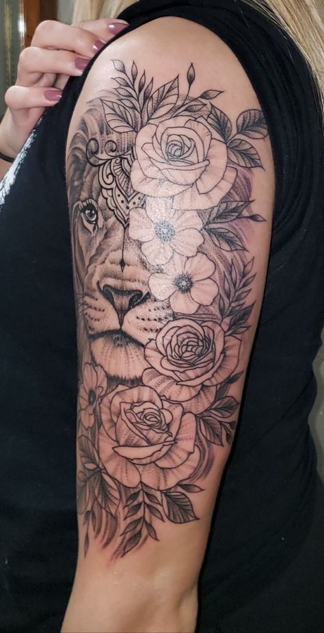 Lion Tattoo flowers quarter sleeve kansas artist 🎨 Flower Lion Tattoo For Women, Lion Tattoo For Women Upper Arm, Half Lion Half Flower Tattoo For Women, Woman Half Sleeve Tattoo Ideas, Lion Upper Arm Tattoos For Women, Half Sleeve Tattoos For Women Upper Arm Flowers, Lioness Tattoo Sleeve, Girly Half Sleeve Tattoos, Lion Half Sleeve Tattoos For Women