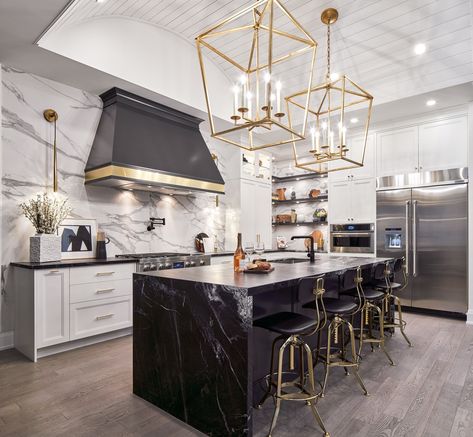 I love this luxury kitchen island! #Lenoreinar #realestate #realtor #nwa #nwarealestate #conciergerealtynwa Black And Gold Marble Kitchen, Black And Gold Kitchen, Black Kitchen Design, Glamorous Kitchen, Kitchen Cabinetry Design, Black Monday, Small Kitchen Design, Design Kitchen Ideas, Custom Kitchens Design