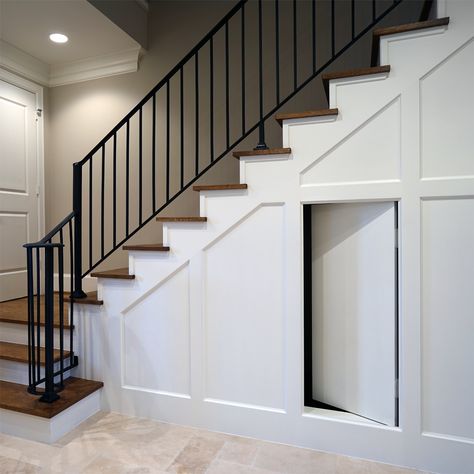 Door For Under Stairs Storage, Paneling Under Stairs, Wall Paneling Under Stairs, Secret Door Under Staircase, Hidden Door Under Staircase, Hidden Door Staircase, Under Stairs Murphy Door, Hidden Space Under Stairs, Under Stairs Storage Door