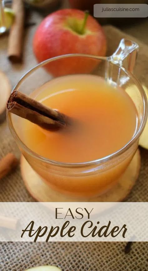 This non alcoholic version of Easy Spiced Hot Apple Cider is one the whole family can enjoy. A warming drink that you can have simmering on the stove for those chilly fall days. And you don’t need to spend your day pressing apples to get a delicious apple cider. With just a few minimal ingredients and a little time, you can have a warming spiced mug of apple cider in your hand. Take a look how. #applecider #mocktails #festivedrinks Apple Cider Made With Apple Juice, Apple Cider With Apple Juice Easy, Apple Juice Into Apple Cider, Make Apple Cider From Apple Juice, Easy Hot Apple Cider Recipe Stovetop, Stove Top Hot Apple Cider, Apple Cider With Cinnamon Sticks, Apple Juice To Apple Cider, Apple Cider Made From Apple Juice