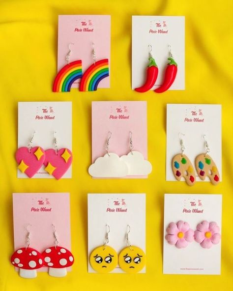 Polymer Clay Earrings Funky, Funky Clay Earrings Diy, Homemade Clay Earrings, Clay Earrings Diy, Cercei Din Lut Polimeric, Going To The Movies, Clay Products, Clay Rings, Idee Cricut