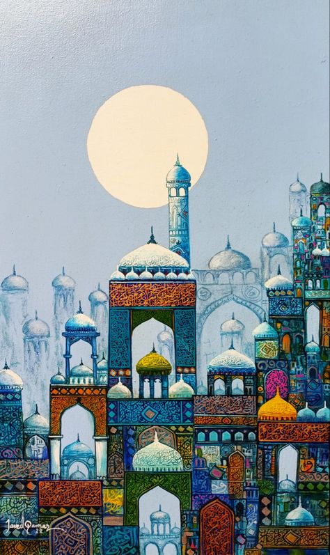 Beautiful work.Dm or mgs us for more details of this beautiful piece. @artzest.ae @artzesthome #artzest #artlovers #artcollectors #collectibles #beautiful #vibrant #stunning #unique #women #artwork #painting #colorful #happy #originalart #affordable #buyartonline #onlineshopping #freeshipping Mughal Architecture Painting, Mosque Painting Islamic Art, Moroccan Art Painting, Women Artwork, Mughal Art Paintings, Mosque Art, Islamic Art Canvas, Persian Art Painting, Moroccan Art