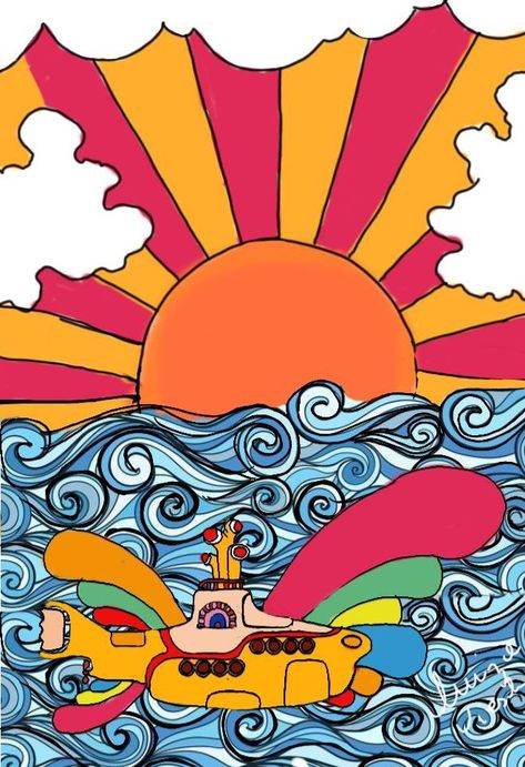 Yellow Submarine Painting, Painted Parking Spaces Ideas, Yellow Submarine Art, Paint Therapy, Senior 25, Beatles Artwork, Hippie Wall Art, Beatles Wallpaper, Parking Spot Painting