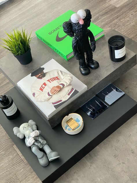 Minimalist Hypebeast Living Room, Kaws Decoration Home, Hypebeast Office Decor, Hypebeast Tv Stand, Hypebeast Coffee Table Decor, Men Bookshelf Decor, Virgil Abloh Home Decor, Hype Beast Home Decor, Mens Modern Living Room