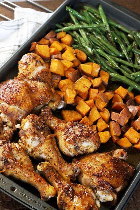 Asparagus Sweet Potato Chicken Skillet, Grilled Chicken And Sweet Potatoes, Dishes With Green Beans, Chicken And Yams Recipes, Chicken And Sweet Potato Sheet Pan, Chicken Leg Sheet Pan Dinner, Chicken Thigh Sweet Potato Recipes, Bbq Chicken Sheet Pan Dinner, Sweet Potato And Chicken Recipes