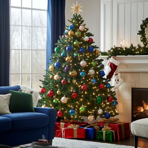 A festive Christmas tree with red, blue, green, and gold ornaments creates a holiday-ready space. Glowing lights complete the classic and cheerful design. Red Blue And Gold Christmas Tree, Blue And Gold Christmas Tree, Gold Christmas Tree Ornaments, Blue And Gold Christmas, Magic Witch, Blue Christmas Tree, Gold Christmas Tree, Gold Ornaments, Holiday Ready