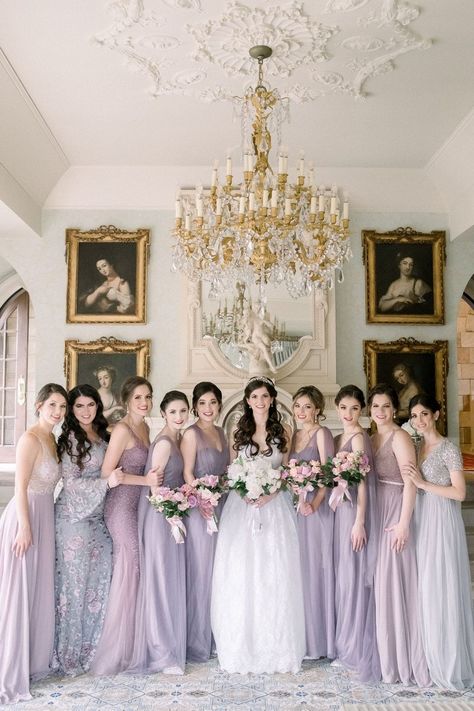 Lilac Wedding Inspiration, Purple Accent Wedding, Wedding Purple Theme, Purple Wedding Aesthetic, Purple Floral Bridesmaid Dresses, Purple Theme Wedding, Purple Wedding Dress Bridesmaid, Bridesmaid Pastel, Bridesmaid Dresses Purple