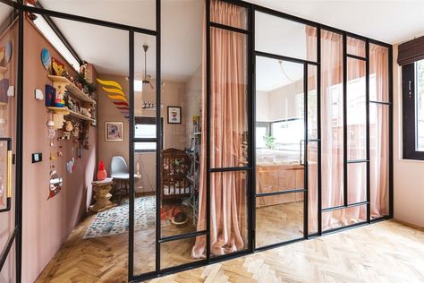 The Nordroom - Industrial Glass Walls for the Bedroom in A Pink Houseboat in Amsterdam Scandinavian Doors, Cheap Interior Doors, Glass Room Divider, Sliding Room Dividers, Wall Interior, Glass Room, Glass Walls, Sliding Patio Doors, Room Additions