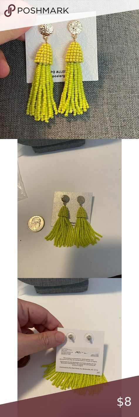 Yellow beaded fringe tassel earrings gold tone Bead Fringe Earrings, Bead Fringe, Beaded Fringe, Tassel Fringe, Retro Modern, Beaded Tassels, Boho Casual, Fringe Earrings, Ethnic Jewelry